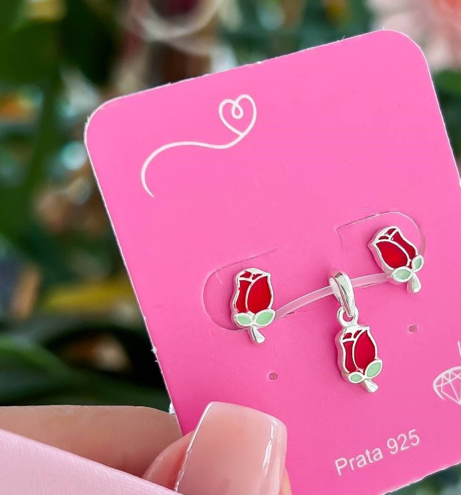 Brinco e Pingente Rosa Resinado com Tarracha Baby - Prata 925 Legítima - Ana & Brilho Mineiro