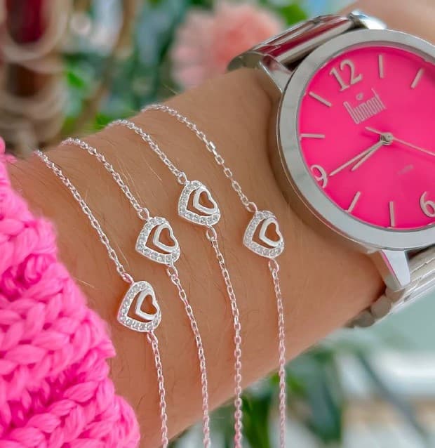 Pulseira Zirconia Coração Duplo Vazado 18cm Cristal - Prata 925 Legítima - Ana & Brilho Mineiro